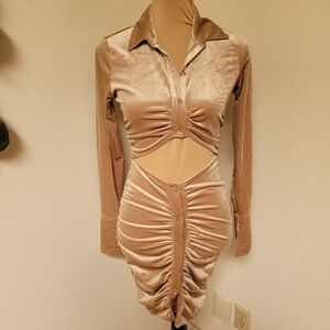 NWT Lacause Tan Velour Ruched Dress with Cut Out at the Stomach